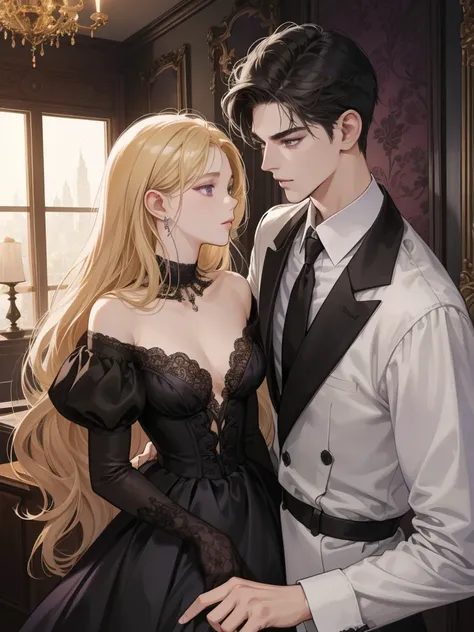 couple, 1 Girl 1 Boy, different hair color, Long black hair and purple eyes, Short blonde hair and green eyes, Romance, Illuminated suites, black color dress, Europeans, Luxury room background, Handsome face, Romantic, Have sex。Extreme detail, Digital art,...