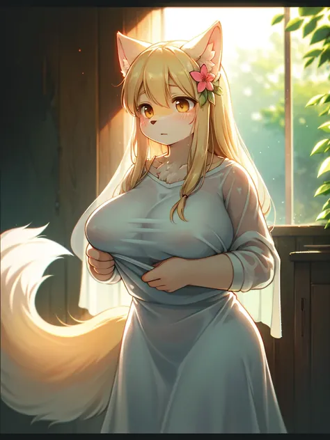 (Sumilux f1.4 75mm , low Latitude old color negative film , cross process , bokeh, flare, chromatic aberration , soft focus, (Shallow focus) , soft glow , Maximum aperture, High Key , Transparent depiction) , blond Mature female wolf , Voluptuous body , hi...