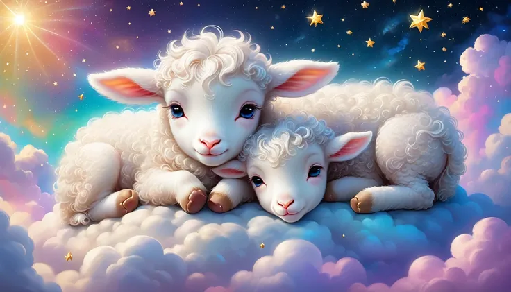 There is a white lamb sleeping on a cloud with stars in the background., Dream animal cute eyes, Adorable digital painting, Beeple and Jeremiah, Cute and intricate digital art, Cute digital art, Lisa Frank, Lying in the fairyland of white clouds, Sweet dre...