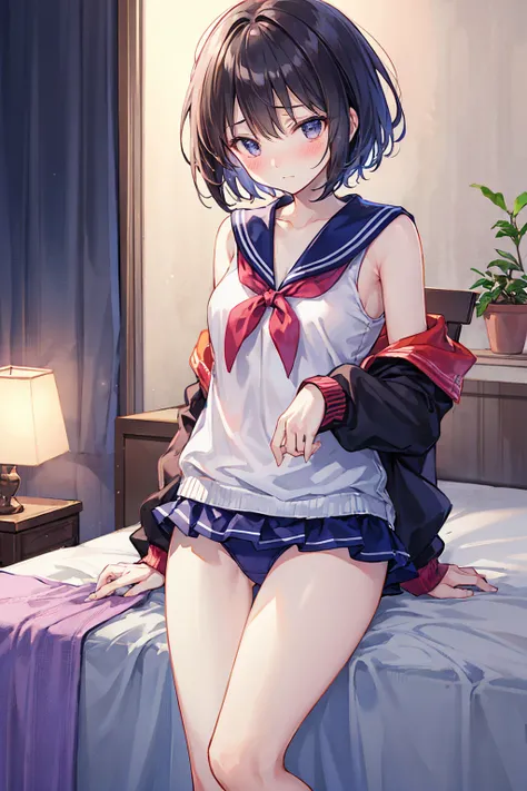 Highest quality、Slender beauty、1 person、Small eyes、Very Short Hair、Embarrassed expression、blush，Sailor swimsuit、Knee-length、bedroom，Small breasts，((Highest quality)), (Very detailed), (High-definition CG synthesis 8K wallpaper), 高いly detailed, 高い-definitio...