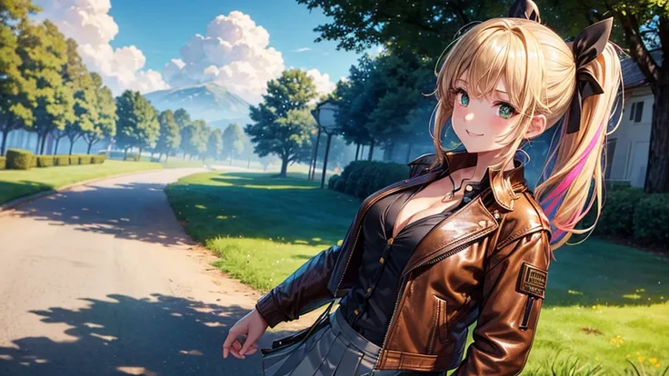 1girl, solo, full body, summer, village, trees, sun, clouds, ((colorful hair)), side ponytail, large breasts, ((brown leather jacket)), button down shirt, ((black shirt)), ((unbuttoned shirt)), unbuttoning buttons, cleavage 1:3 green eyes, grey skirt, smil...