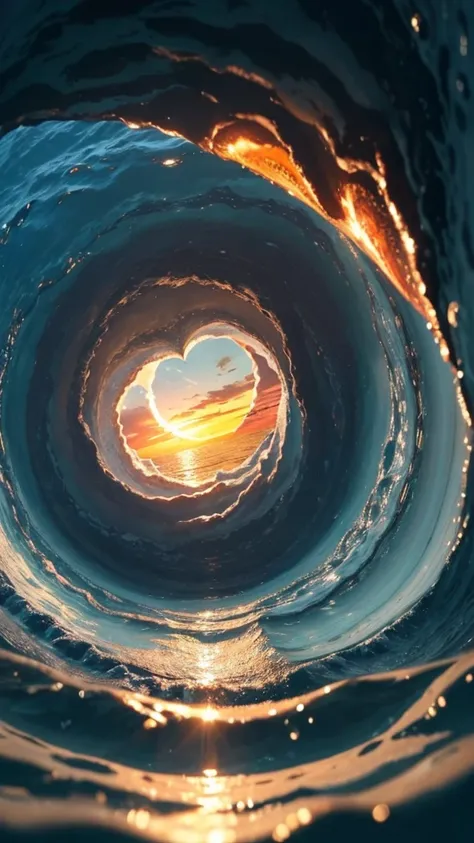 a close up of a aceno making a heart shape with the sun setting in the background, breathtaking aceno, stunning acenos, tube aceno, ocean aceno, aceno, incredible depth, beautiful image already created, beautiful acenos in sea, aceno breaking, linda arte, ...