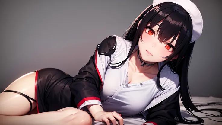 High quality, high quality, Japanese anime touch, one woman, sharp outline, long black hair, ((zombie cosplay in nurses uniform)), lying down and looking at me, cute pose,