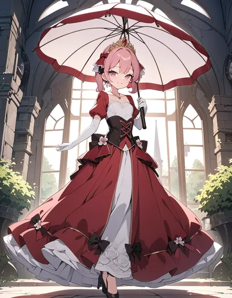 (best quality,4k,8k,highres,masterpiece:1.2),ultra-detailed, steampunk settings, Pretty 15 years old princess, drawn in anime style, she’s cute and joyful, smiling, long red pigtails hair, pink eyes, small breast, lipstick, makeup, pink eyeshadow, long eye...