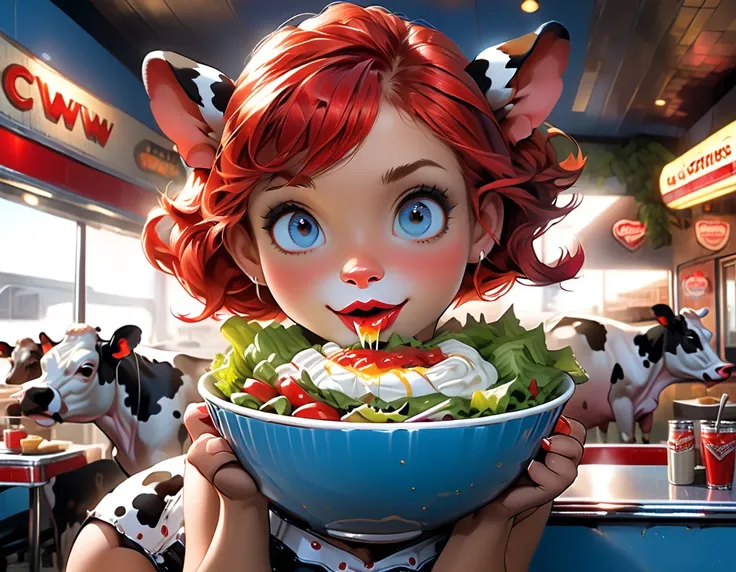 a 3d digital painting picture of extremely beautiful  (anthropomorphic cpw:1.3) serving a big bowl of salad in american diner, a...