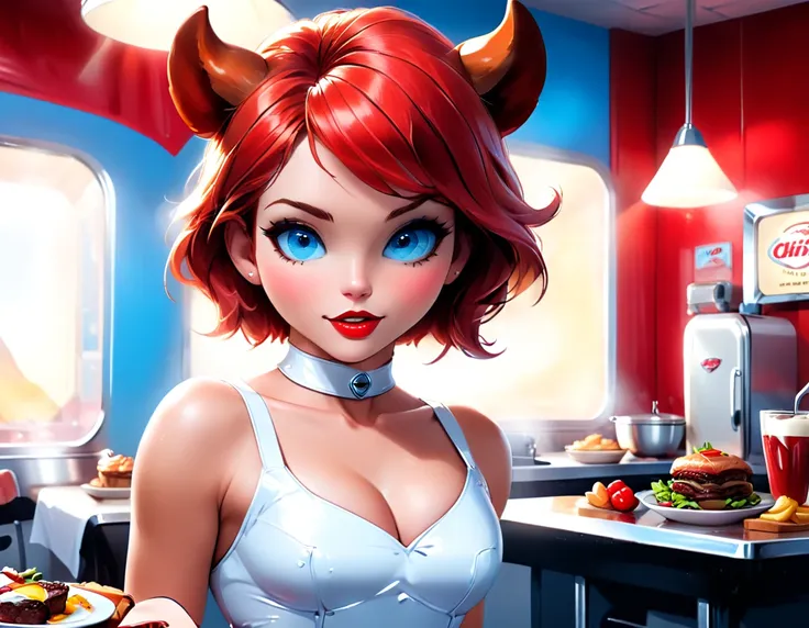 a 3d digital painting picture of extremely beautiful  (anthropomorphic cpw:1.3) serving a big sirloin steak in american diner, a...