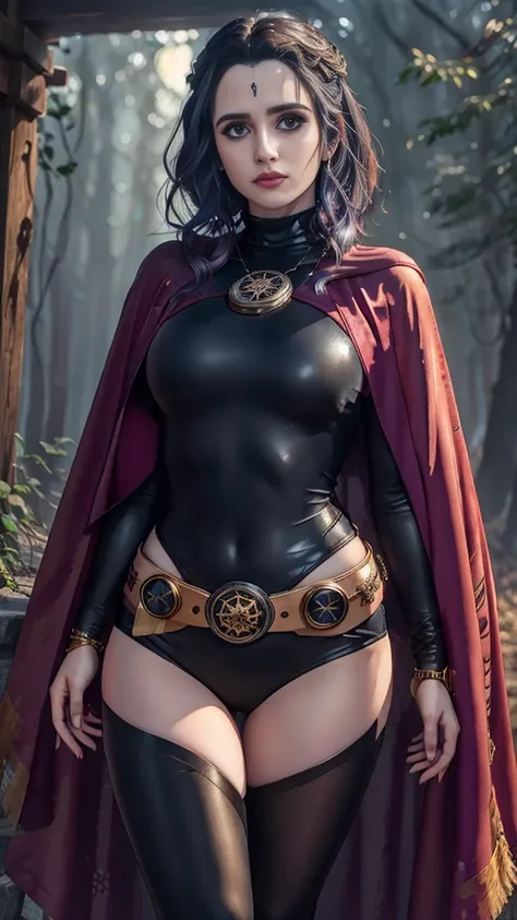 Laura Marano, cowboy shot of rvn, hotraven, pale skin, black leotard, turtleneck, tights, cape, glowing eyes, gold belt, jewels, medallion, athletic, looking at viewer, night, dark forest, mist, fog, volumetric lighting, best quality, masterpiece, intricat...