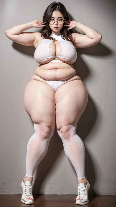 best quality:1.4), (masterpiece:1.4), (8K:1.4), (extremely detailed:1.4), full body, 1old woman plumper girl, plumper legs, plumper body, plumper thighs, gigantic fat_boobies_ transparent legging, crop top, against wall, hightop jays, big fat thighs gorgeo...