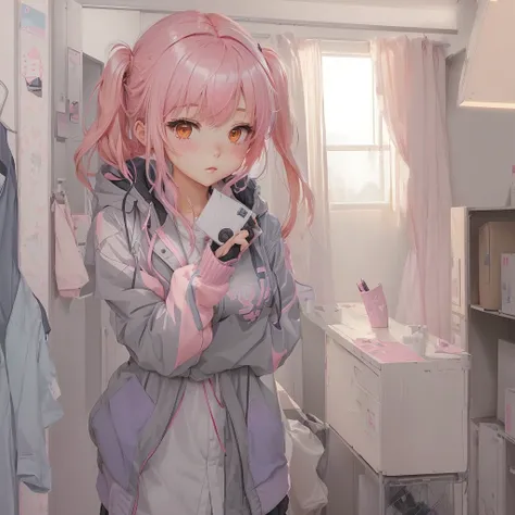 Anime girl with pink hair and gray jacket standing in a room, Anime Moe Art Style, Zerochan Art, dlc, Exciting Literature Club, Soft anime illustration, Gwaiz on pixiv artstation, Gwaiz, With index finger, Cute Anime Girl, artwork in the style of Gwaiz, Ni...