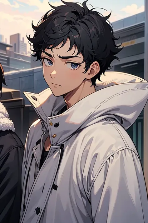 masterpiece, 1 man, iwaizumi, black hair, short hair, spiky hair, slightly tanned skin, manly, winter clothes, calm expression, solo focus, upper body, perfect face