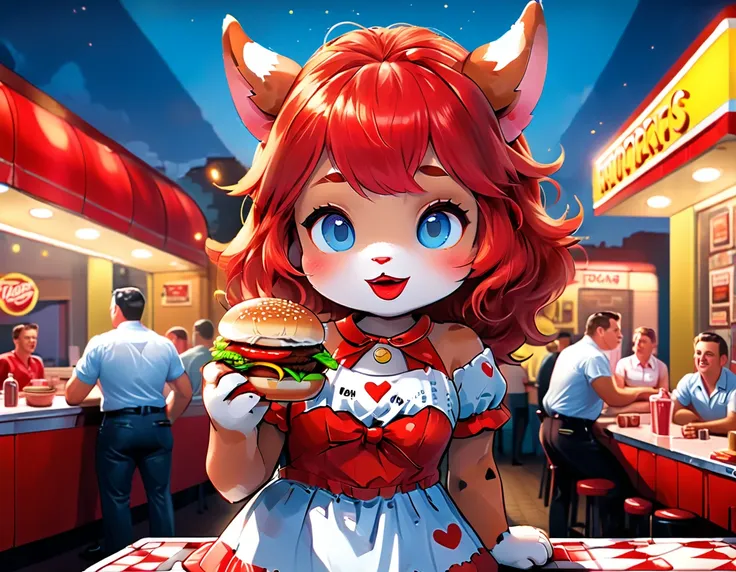 a 3d digital painting picture of extremely beautiful  (anthropomorphic cpw:1.3) serving a big hamburger in american diner, an ex...