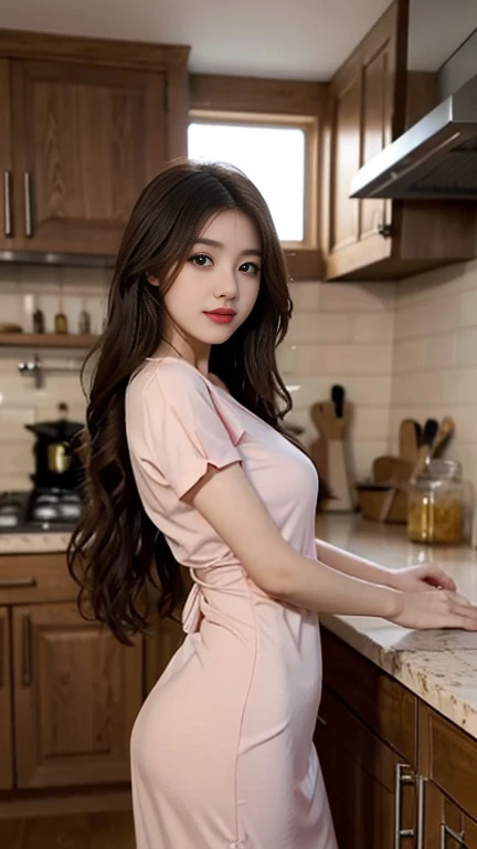 1 Girl,kitchen,Soft Light,Chinese Beauty,Tight Fit,Pink dress,,Dark-haired,long hair