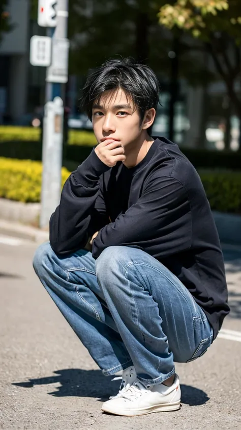 People are also generated vertically.。Create a highly detailed image of a mysterious and thoughtful young man crouching。The character has spiky black hair、Big expressive eyes and bears、And has pale skin。He is wearing a loose fitting white long sleeve shirt...