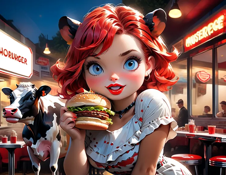 a 3d digital painting picture of extremely beautiful  (anthropomorphic cpw:1.3) serving a big hamburger in american diner, an ex...