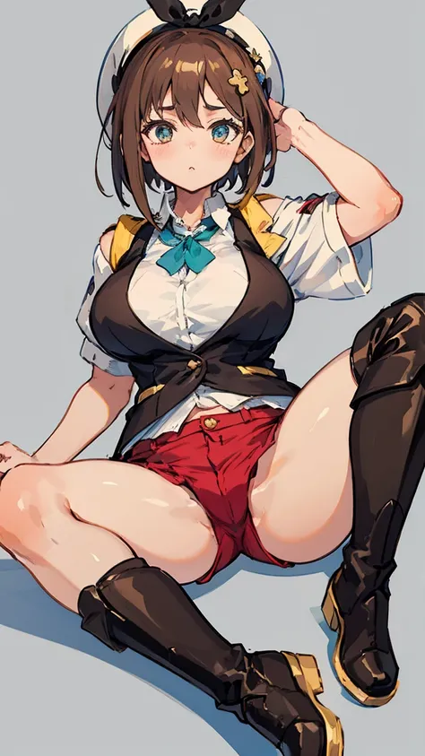 (Highest quality, 8K, masterpiece :1.3),Lizaリン・シュタウト(Lizaのアトリエ),Liza, One woman,Large Breasts,short hair,Brown Hair,hair band,Clothing,hat,White shirt,Yellow and white vest,Red shorts,Brown long boots,Full Nelson,Leg spread,nsfw,Plump body