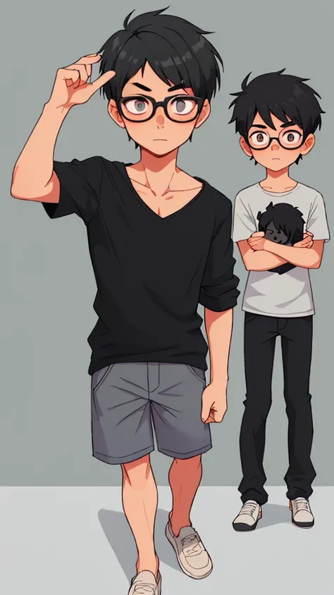 Two-headed boy　Glasses　Black and short hair　Casual clothing