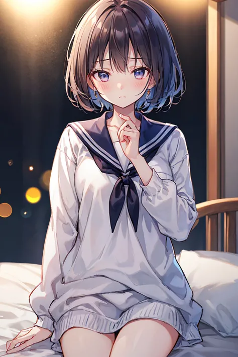 Highest quality、Slender beauty、1 person、Small eyes、Very Short Hair、Embarrassed expression、blush，The upper body is a sailor suit、Knee-length、bedroom，Small breasts，night，((Highest quality)), (Very detailed), (High-definition CG synthesis 8K wallpaper), 高いly ...