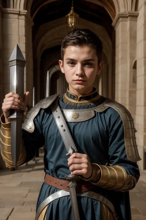 A cute male twink with a make-up face and black hair, wearing medieval combat clothing, in the royal palace, holding two iron swords in his hands.