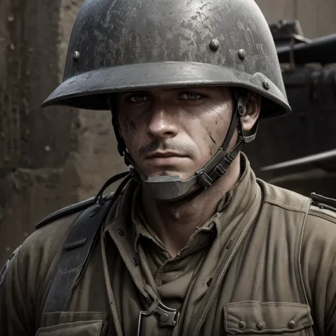 Soldiers, dirty face after the battlefield,  gray dirty WWII uniform , helmet, Dirty clothes, battlefield, tired face. age 30 years, Grey eyes ,detailed realistic uniform , Best quality ,excellent art, realism, heavy oppressive atmosphere, drawing small de...