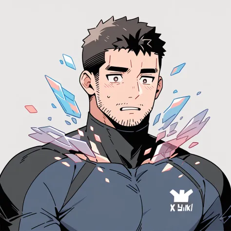 anime characters：Chris Redfield, Muscle Sports Student, Buzz Cut, Manliness, male focus, Dark black high collar long sleeve tight T-shirt, Slightly transparent material, Very tight, Round, full and perky chest muscles, muscular male, muscular, only, Upper ...