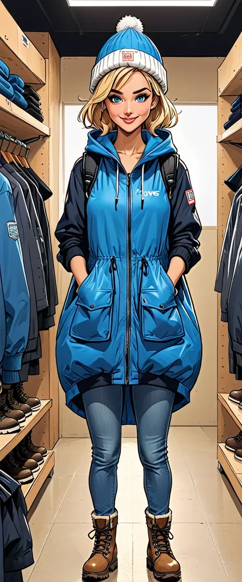 ((white changing room in the store)), smile, cloth store,fullbody, girl in Blue oversized hoodie and levis (jeans) and gloves and hiking boots and 
winter synthetic vest and winter pants and winter hat in a dynamic pose, adult, [Nordic], Hourglass elongate...