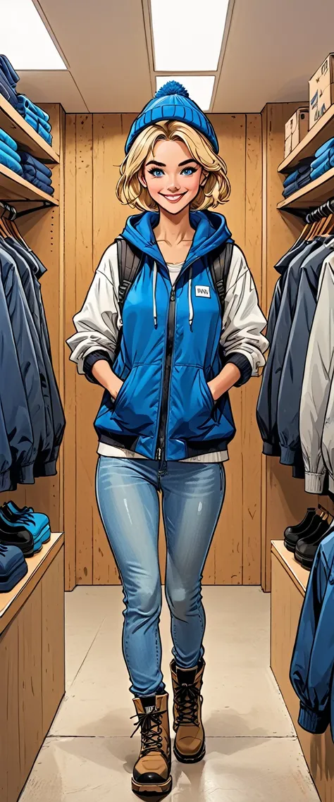 ((white changing room in the store)), smile, cloth store,fullbody, girl in Blue oversized hoodie and levis (jeans) and gloves and hiking boots and 
winter synthetic vest and winter pants and winter hat in a dynamic pose, adult, [Nordic], Hourglass elongate...