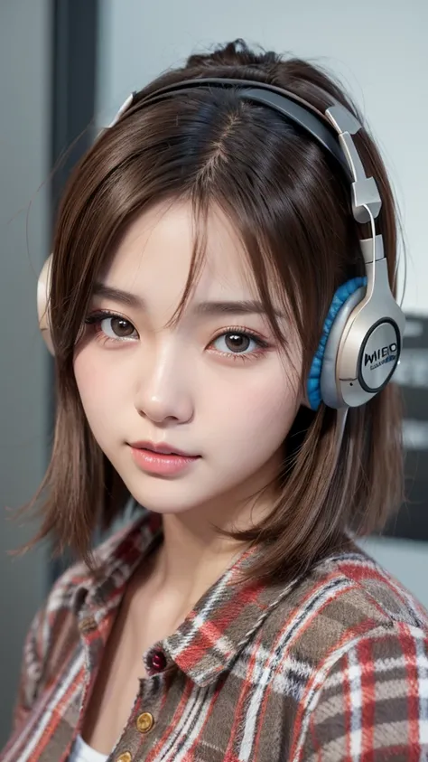 masterpiece,best quality,high resolution,8K,Realistic face,Realistic skin texture,magnified textures, 1 girl,Japanese girl, 19 years old,japanese,detailed eyes,short bob,brown hair,(headphone:1.5),red plaid flannel shirt、monolid eyes、piercing eyes、round fa...