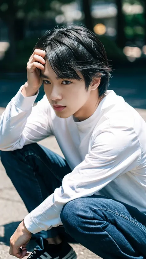 People are also generated vertically.。Create a highly detailed image of a mysterious and thoughtful young man crouching。The character has spiky black hair、Big expressive eyes and bears、And has pale skin。He is wearing a loose fitting white long sleeve shirt...