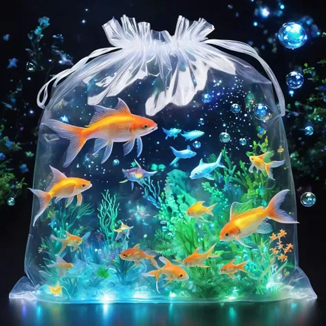 (masterpiece, best quality:1.2),Fantasy Undersea。Glowing stars in a transparent plastic bag。