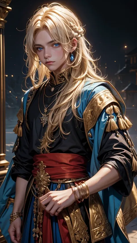 Create me a 17 year old male teenager,  messy blonde hair with some white strands , golden eyes, a necklace with a blue stone and some details,  a black medieval outfit and some bracelet of many colors , a red cloth wrapped around the waist and a serene an...