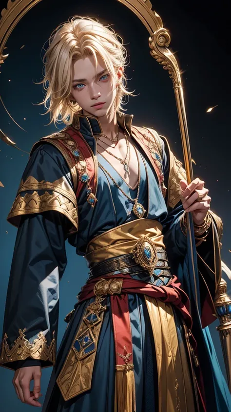 Create me a 17 year old male teenager,  messy blonde hair with some white strands , golden eyes, a necklace with a blue stone and some details,  a black medieval outfit and some bracelet of many colors , a red cloth wrapped around the waist and a serene an...