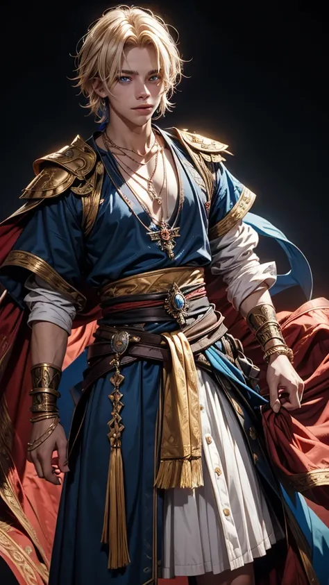 Create me a 17 year old male teenager,  messy blonde hair with some white strands , golden eyes, a necklace with a blue stone and some details,  a black medieval outfit and some bracelet of many colors , a red cloth wrapped around the waist and a serene an...