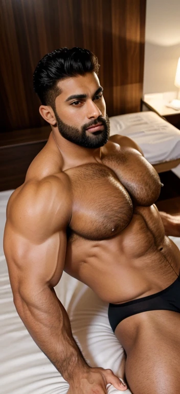 a indian sexy young beard man with a big cock is laying on bed in bedroom, gigachad muscular, beefy, mid-shot of a hunky boy, strong and imposing, exaggeratedly large physique, juicy meat, tall and muscular, detailed much veiny muscles, sexy muscular body,...