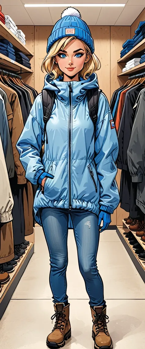 ((white changing room in the store)), smile, cloth store,fullbody, girl in Blue oversized hoodie and levis (jeans) and gloves and hiking boots and 
winter synthetic vest and winter pants and winter hat in a dynamic pose, adult, [Nordic], Hourglass elongate...