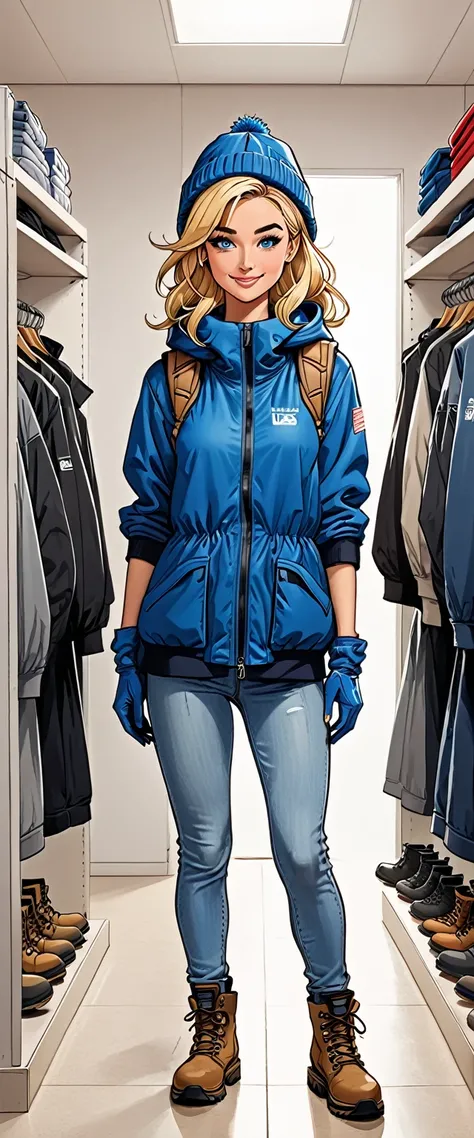 ((white changing room in the store)), smile, cloth store,fullbody, girl in Blue oversized hoodie and levis (jeans) and gloves and hiking boots and 
winter synthetic vest and winter pants and winter hat in a dynamic pose, adult, [Nordic], Hourglass elongate...