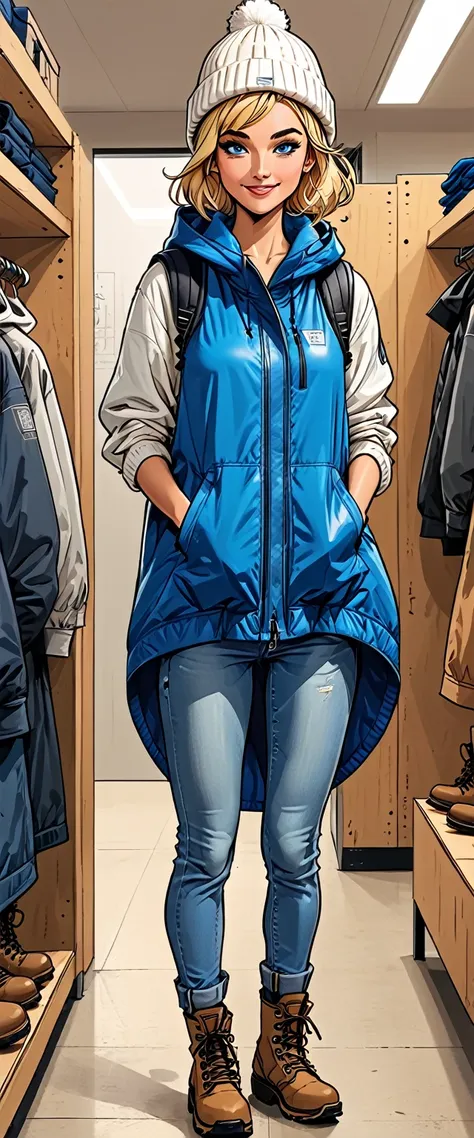 ((white changing room in the store)), smile, cloth store,fullbody, girl in Blue oversized hoodie and levis (jeans) and gloves and hiking boots and 
winter synthetic vest and winter pants and winter hat in a dynamic pose, adult, [Nordic], Hourglass elongate...