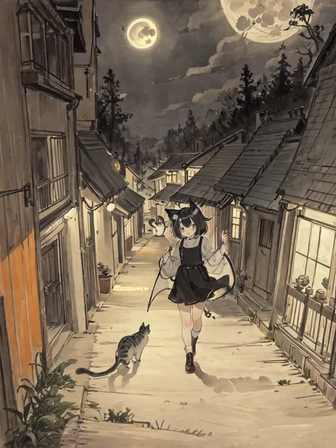 Cat,orange,cute,Big eyes,masterpiece,full moon,alley