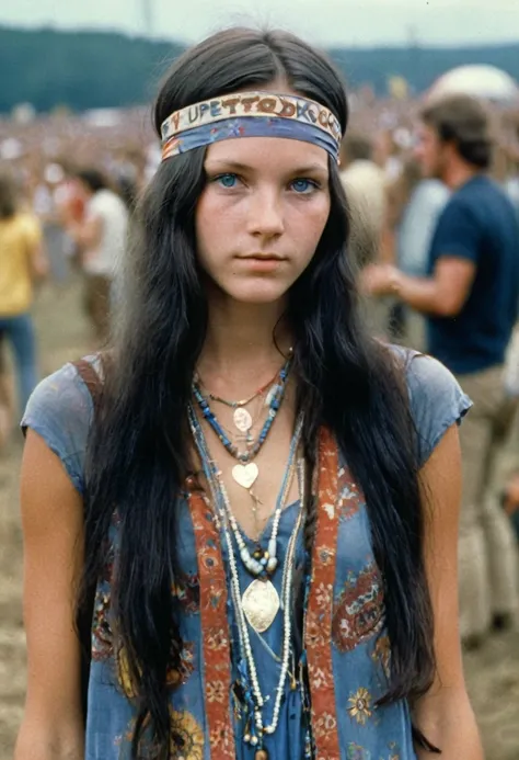 Imagine a beautiful 18 years old american hippie girl at the Woodstock concert in 1969, long straight black hair with a hippe head band , blue-grey eyes, ultra realistic eyes, white skin, natural makeup, wearing hippie clothes, a summer dress, a worn jeans...