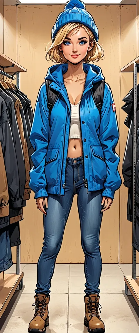 ((white changing room in the store)), smile, cloth store,fullbody, girl in Blue oversized hoodie and levis (jeans) and gloves and hiking boots and 
winter synthetic vest and winter pants and winter hat in a dynamic pose, adult, [Nordic], Hourglass elongate...