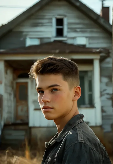 Realistic photo of solo handsome teenage men ,Standing In front of an abandoned house ,daytime