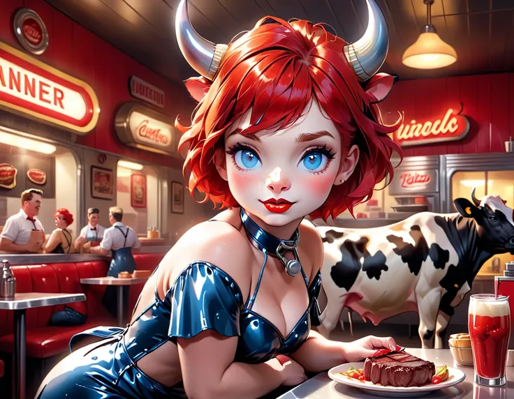 a 3D digital painting picture of extremely beautiful  (anthropomorphic cow:1.3) serving a big sirloin steak in American diner, an exquisite beautiful female (cow anthropomorphic:1.3), ultra feminine ultra detailed face, red hair, short hair, little fury, r...