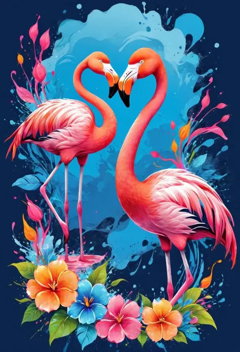 a t-shirt with vector art of a colorful illustration, two flamingos rose flowers, at the center, swirly vibrant colors, paint sp...