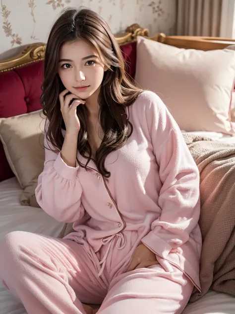 (realistic, best quality) A peaceful bedroom scene with a sleeping girl in her late twenties. Her long brown hair cascades over the pillow as she peacefully rests. She is dressed in pink pajamas, wearing long pants. The room is softly lit, creating a sooth...