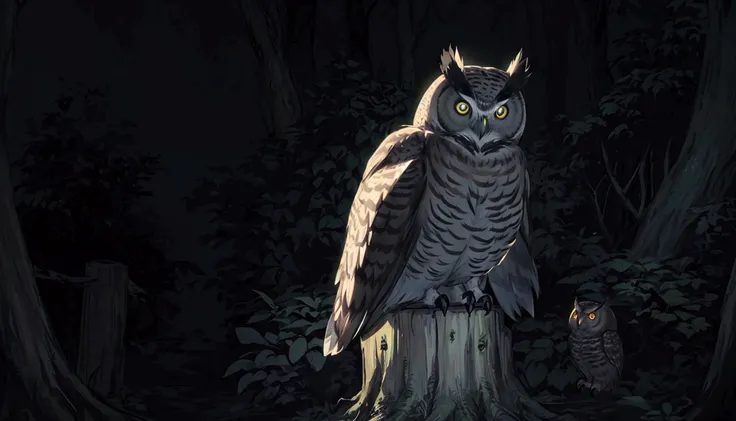 there is a large owl sitting on a tree stump in the dark, glowing owl, owl, nite - owl, an owl, with glowing yellow eyes, radian...