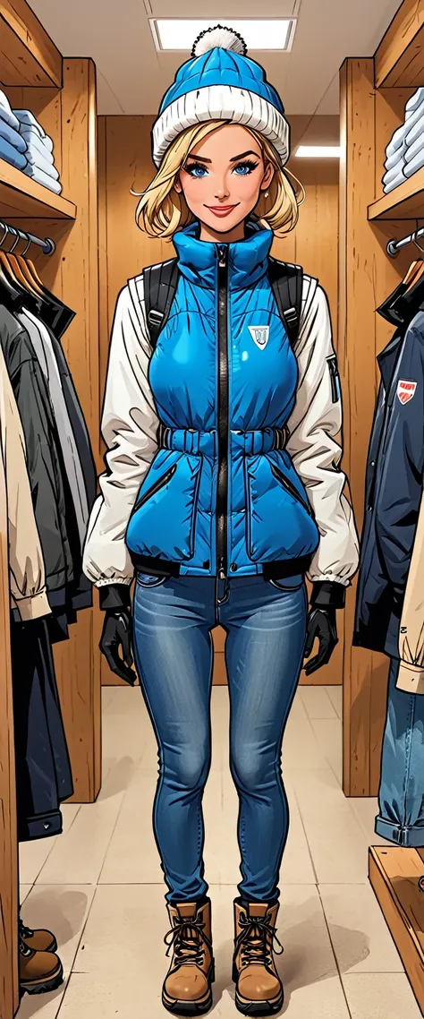 ((white changing room in the store)), smile, cloth store,fullbody, girl in Blue down jacket and levis (jeans) and gloves and hiking boots and 
winter synthetic vest and winter pants and (winter hat) in a dynamic pose, adult, [Nordic], Hourglass elongated f...