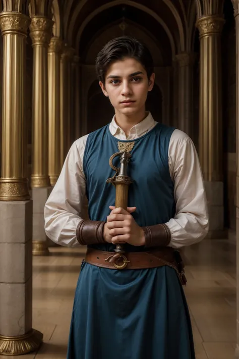 A cute male twink with a make-up face and black hair, wearing medieval combat clothing, in the royal palace, holding the sword of Zulfiqar in his right hand.