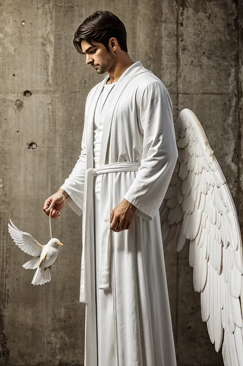 A winged angel with a melancholic look dressed in a white robe  , standing looking forward. In his hands he holds a white bird that has lost its life. 