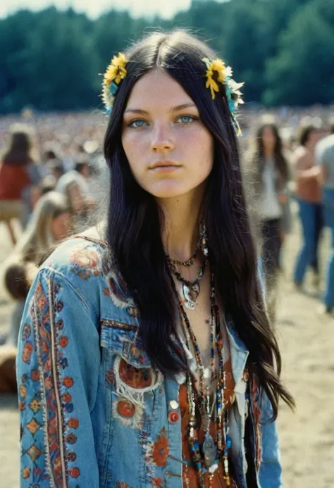 Imagine a beautiful 18 years old american hippie girl in 1969, in a concert hall indoor, long and sleek straight black hair, blue-grey eyes, ultra realistic eyes, white skin, natural makeup, wearing hippie clothes, a summer dress, a worn jeans hippie jacke...