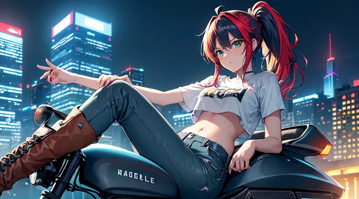 masterpiece, One girl ((20-year-old, Crop top T-shirt exposes navel, Tight blue jeans, boots, Medium chest, Multicolored red hair, ponytail, Green Eyes, cool, coolな笑顔, To the camera, Ride a futuristic motorbike in the middle of a modern city, Towering skys...