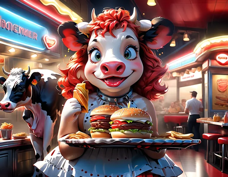 a 3d digital painting picture of extremely beautiful  (anthropomorphic cow:1.3) ((serving a big hamburger on a tray: 1.3)) in an...